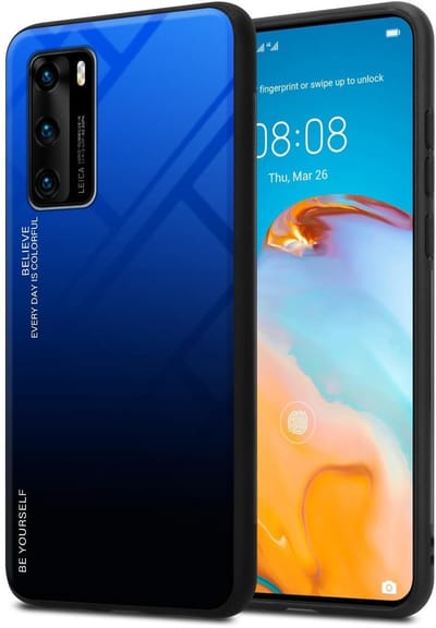 Cadorabo Hoesje geschikt voor Huawei P40 in BLAUW - ZWART - Tweekleurige beschermhoes van TPU-silicone Case Cover en achterzijde van gehard glas