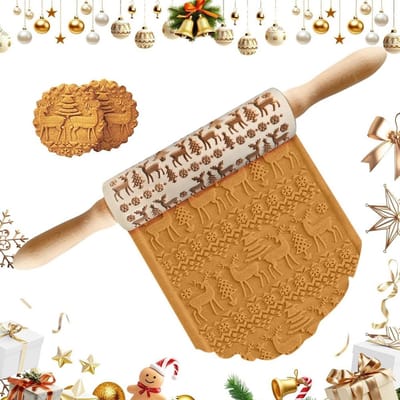 Houten Rolling Pin met Gegraveerd Kerstmotief van Herten, Perfect voor Bakken van Koekjes, Fondant en Deeg, Ideaal Cadeau voor de Keuken