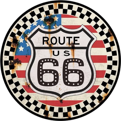 Signs USA - retro wandbord - dibond - Route 66 USA Vlag - Race - Rond 35 cm