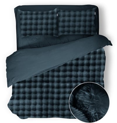 Eleganzzz Dekbedovertrek Shiny Bubble Pom Pom Flanel Fleece - Steel Blue - Dekbedovertrek 200x200/220cm - 100% flanel fleece - Tweepersoons dekbedovertrekken - 200x220cm - Teddy Dekbedovertrek - Fluffy Dekbedovertrek - Effen Dekbedovertrek