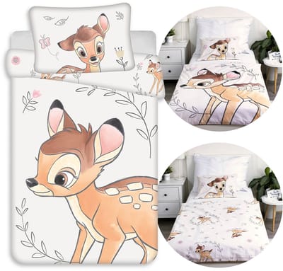 DISNEY Bambi Beige, dubbelzijdig katoenen kinderbeddengoed met ritssluiting, 100% katoen 100x135cm+40x60cm OEKO-TEX