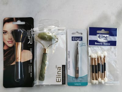 Set gezicht en make-up: Pincet, Gezichtsmassage roller Jade, Blush Brush en 5 dubbelzijdige make-up aplicators