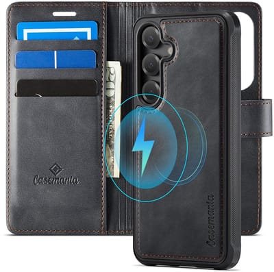 CaseMania Bookcase hoesje geschikt voor Samsung Galaxy S26 - Effen Zwart - Kunstleer - 2-in-1 Magnetisch Uitneembaar Design - Compatible Qi2 & MagSafe