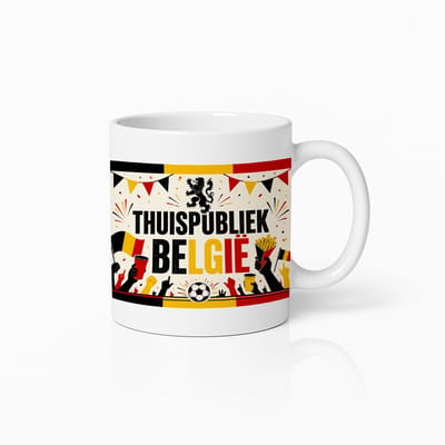 België Thuispubliek Voetbal Mok – Belgische Vlag Leeuw Supporter Design – Witte Koffiemok 330 ml – België Fan Cadeau Beker