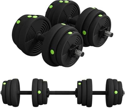 2-in-1 Halterset - Dumbbell & Halterstang - 25 KG - Verstelbaar - 4 x 2,5 kg, 4 x 2 kg, 4 x 1,5 kg Schijven - Antislip - Vloervriendelijk - Complete Thuisgym Oplossing – Zwart/Groen