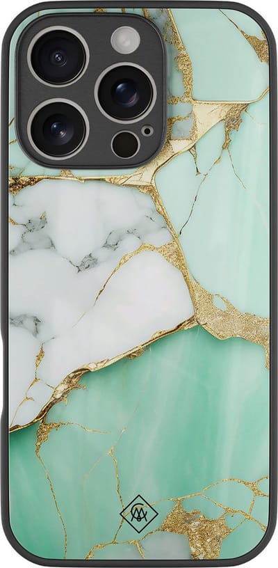 Casimoda® hoesje - Geschikt voor iPhone 16 Pro - Marmer Mint Goud - Luxe Hard Case Zwart - Backcover telefoonhoesje - Mint