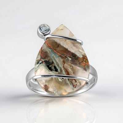 Cavill - Elegante 9K Gouden & 925 Sterling Zilveren Ring - Peervormige Venus Chalcedoon & 0,13 ct Hemelsblauwe Topaas - Handgemaakte Damesring
