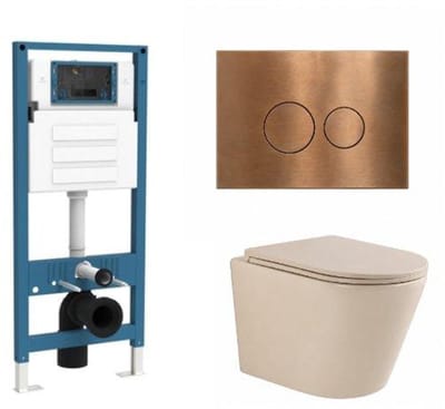 QeramiQ Dely Toiletset - inbouwreservoir Qeramiq Flush - slim zitting - metaal koperen bedieningsplaat - ronde knoppen - beige