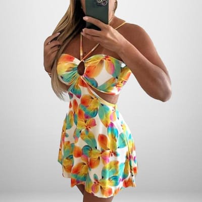 Nieuwe Stijlvolle en Elegante Gedrukte Halter Nek Mouwloos Sexy Taille Uitgesneden Vakantiejurk 3XL brown