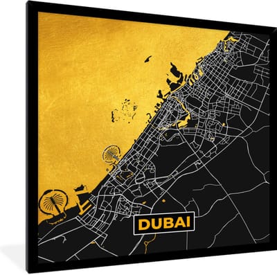 Fotolijst incl. Poster - Dubai - Goud - Stadskaart - Plattegrond - Kaart - 40x40 cm - Posterlijst