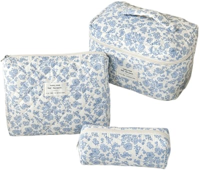 Set van 3 Make-up Tasjes Gewatteerd Bloemen Katoen – Grote Capaciteit Esthetische Cosmetische Tas & Toilettas voor Vrouwen – Reistas Organizer met Ritssluiting -Witte orchidee, 3-delige set [groot + middel + klein]
