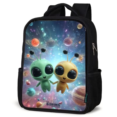 NoBoringSuitcases.com® - Rugzak zwart - Schooltas jongen & meisje - Vrolijke buitenaardse vrienden - Rugtas voor school - Boekentas kind - Schoolrugzak - Kinderrugzak