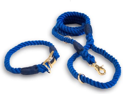 Meritosh Halsband L (40cm omtrek) + Leiband Set 100% Katoen Handgemaakt Blauw 150cm