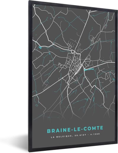 Fotolijst incl. Poster - België – Braine le Comte – Stadskaart – Kaart – Blauw – Plattegrond - 40x60 cm - Posterlijst