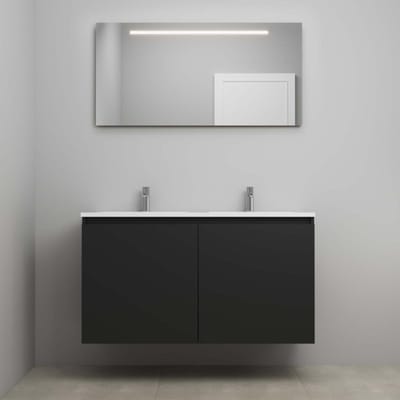 On-Line Badkamermeubelset - 120 cm - Bouwpakket - Greeploos 2 Deuren - Acryl Wastafel - 2 Kraangaten - Spiegel met LED-Verlichting - Mat Zwart