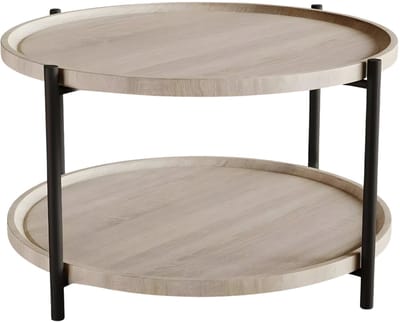 Ronde Salontafel - Voor Woonkamer & Slaapkamer - 2-laags Bijzettafel in Landelijke Stijl - Natuurlijk Houten Blad met Stevig Metalen Frame - Nature