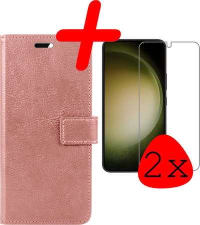 Hoesje Met 2x Screenprotector - Geschikt voor Samsung Galaxy S23 - Luxe Pasjeshouder - Bookcase Portemonee - Flip Case - Kunstleer Book Case - Flipcase Hoes - Book Cover - Walletcase - Portemonneehoes - Rosé goud