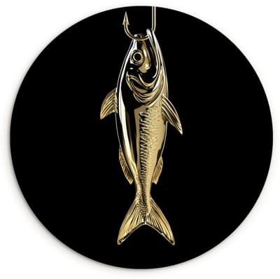 WallCircle® Wandcirkel 120x120 cm - Muurcirkel Goud - Vis - Haak - Zwart - Muurdecoratie woonkamer - Wanddecoratie slaapkamer - Kamer decoratie accessoires - Ronde schilderijen XXL