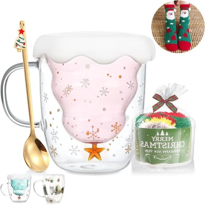 Schattige Kerst Koffiemokken van Dubbelwandig Glas voor Melk, Thee en Espresso - Leuke Cadeaus voor Vrouwen, Mannen en Kinderen met Kerstboom Decoraties