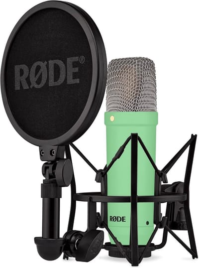 Grootdiafragma condensatormicrofoon met schokmount, popfilter en XLR-kabel voor muziekproductie, vocalen en streaming (Roze)