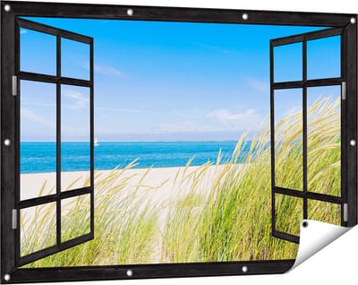 Gards Tuinposter Doorkijk Strand en Zee met een Zeilboot - 120x80 cm - Tuindoek - Tuindecoratie - Wanddecoratie buiten - Tuinschilderij