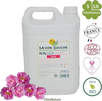 Biologische rozen bloemen douchegel 5000ml. Zonder conserveermiddel Zonder kleur. Cigale Bio AKTIE voordeel fles.