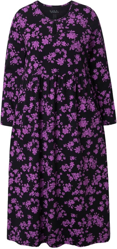 Ulla Popken - Dames - Maxi-jurk bloemen A-lijn ronde hals lange mouw zakken - Paars - Maat 50+