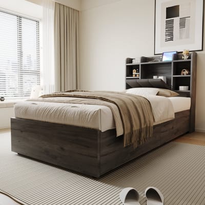 Houten bed 90 x 200 cm - eenpersoonsbed met opbergruimte met USB- en Tape-C-aansluitingen - jeugdbed - grijs - zonder matras