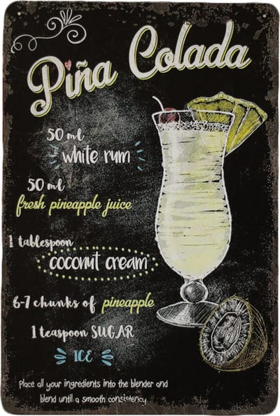 Wandbord - Pina colada - Metalen wandbord - Mancave - Wand Decoratie - Mancave decoratie - Metal sign - Tekst bord - Bar decoratie - Metalen bord - Cocktails - Mannen Cadeau - Bar - 20 x 30 cm - Cav