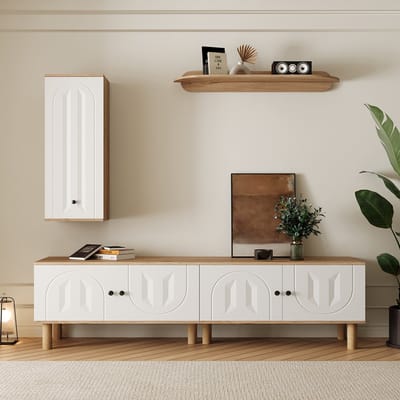 Pugsdrly Wandmeubel, 3-delig, bestaande uit: hoog meubel, kasten, wandplank. Witte en gebeeldhouwde houten deurpanelen.