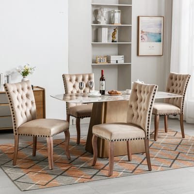 Eetkamerstoelen in Set van 4 - Gestoffeerde stoel, massief houten stoelpoten, Eetkamerstoel Flueel, Eetkamerstoel, Met treklipjes en verstelbare voetjes, Draagvermogen 150KG - Beige