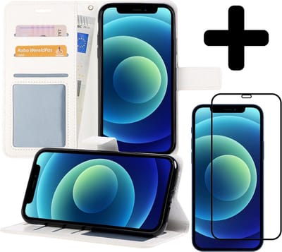 Hoesje - Met Screenprotector - Geschikt voor Apple iPhone 12 - Luxe Pasjeshouder - Flipcase - Bookcase Portemonee - Flip Case - Kunstleer Book Case - Book Cover - Walletcase - Portemonneehoes - Telefoonhoes - Wit