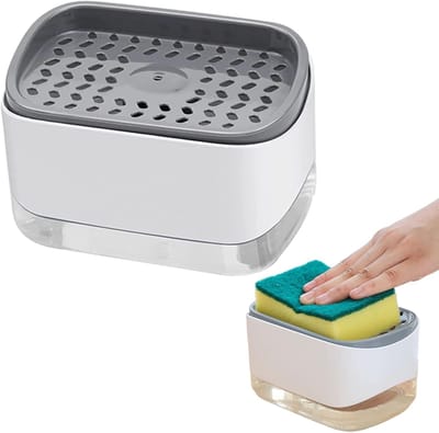 Afwasmiddeldispenser van 350 ml - 2-in-1 ontwerp - Keukenzeepdispenser - Pompdispenser voor op het aanrecht - Doseerbakje met drukknop - 14*10*8,5 cm - Spons niet inbegrepen, voor het reinigen van de gootsteen - Wit
