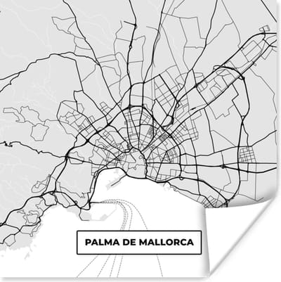 Poster Mallorca - Stadskaart - Zwart Wit - Plattegrond - Kaart - 100x100 cm XXL