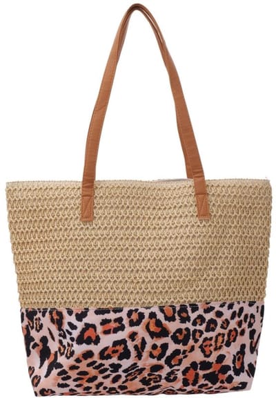 She life style - Strandtas - Beach Bag Woven Leopard - 47x36x13cm - Beige