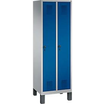 Kapstok Evolo S 3000, staal, met poten, 2 compartimenten allebei met B 300 mm, veiligheidsdraaigrendelslot, blank aluminium RAL 9006/gentiaanblauw RAL 5010