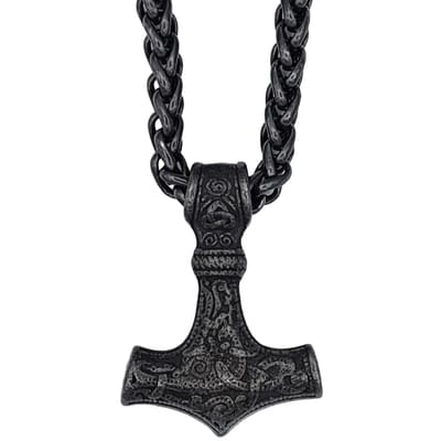Tesoro Mio Michel – Viking Ketting – Thor’s Hamer Mjolnir – Edelstaal in Kleur Antiek Zilver - Dikke Ketting Vossenstaart Schakel 6 mm - L 70 cm - Hanger 4.3 x 3.2 cm