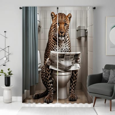 2 stuks set HD krant lezen op het toilet luipaard decoratie simulatie raamgordijn gordijn wit koord digitaal bedrukt cu W52H63inchW132H160cm gray