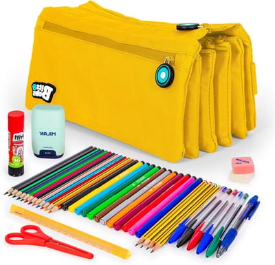 Etui met Schoolbenodigdheden - Pennendoos Set - School Organisatie - Vier Ritssluitingen - 23 x 12 x 16 cm - Geel