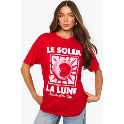boohoo Dames De Zon De Maan Bedrukte T-Shirt | Red | Maat: XS