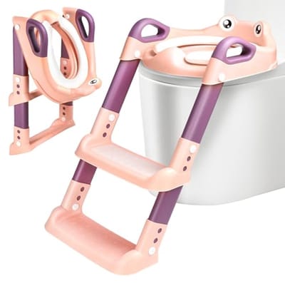 Verstelbare 2-in-1 Toilettrainer voor Kinderen met Trap – Antislip, Opvouwbare Wc-bril in Roze