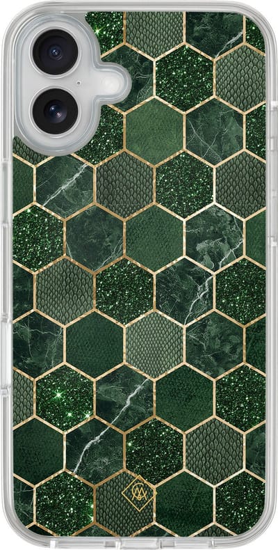 Casimoda® hoesje - Geschikt voor iPhone 16 - Kubus Groen - 2-in-1 case - Schokbestendig - Geometrisch patroon - Verhoogde randen - Groen, Transparant