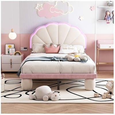 Lit enfant - MUVOE - 90 x 200 cm - Beige + Rose - Tête de lit lumineuse - Pieds rembourrés beige