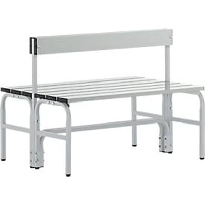 Kleedkamerbank, rvs buis/aluminium, dubbel met rugleuning, L 1500 mm, blank aluminium