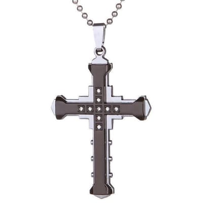 Ketting met Kruis Hanger - Zwart / Zilver kleurig met Diamantjes (Zirkonia) - Kettingen Heren Dames - Papa Cadeau Voor Mannen - Vaderdag