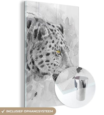 MuchoWow® Glasschilderij 20x30 cm - Schilderij acrylglas - Panter - Waterverf - Zwart - Wit - Foto op glas - Schilderijen