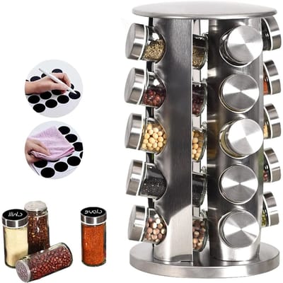 Draaiend kruidenrek - Organizer voor glazen kruidenflesjes - Verticaal kruidenrek - Inclusief 20 kruidenpotjes - Glazen kruidenflesjes, rek, stickers en accessoires - Roestvrij staal - Elk potje en rek kan worden gelabeld.