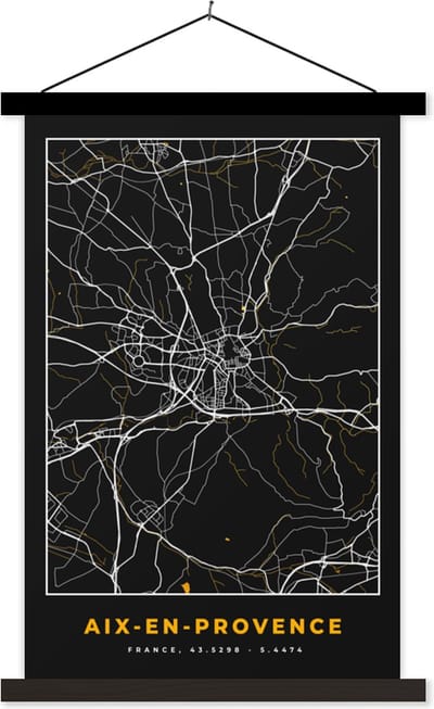 Posterhanger incl. Poster 40x60 cm - Schoolplaat - Stadskaart – Frankrijk – Kaart – Aix-en-Provence– Plattegrond - Textielposter - Zwarte latten - Stadskaart