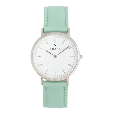 KRAEK Luna Zilver Wit 36 mm - Dames Horloge - Groen Leer horlogebandje - 18 mm bandje