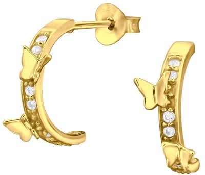 Joy|S - Zilveren vlinder oorringen 14 mm stud - zirkonia en 2 fladerende vlindertjes oorbellen - goldplated